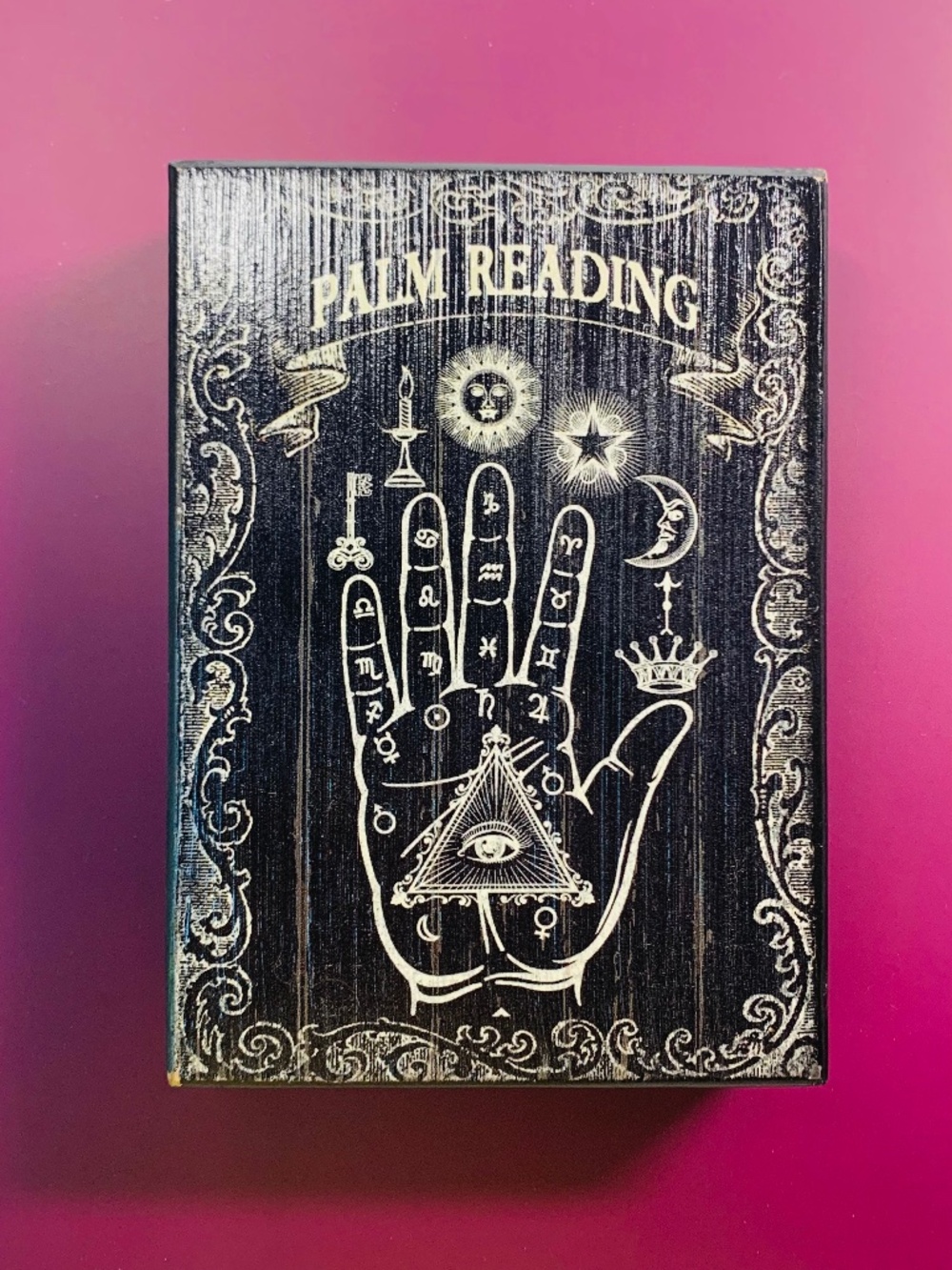Palm Reading Hand Celestial Block Wood Plaque Black Zodiac Sun Moon Stars Gypsy
